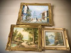 Contemporary School : A continental street with figures, oil on canvas,