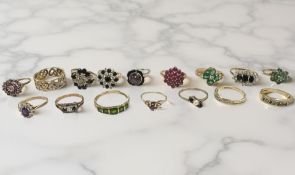 Sixteen 9ct gold rings including ruby, diamond, sapphire, amethyst,
