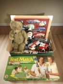 A table topped cricket game together with various toys, vintage mohair teddy bear,