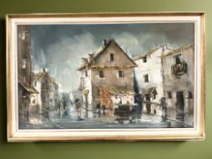 Contemporary school : a continental street with figures in the rain, oil on canvas,