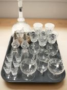 A glass ship in bottle, various drinking glass, bowls,