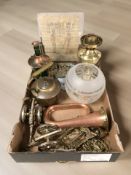 A group of metal wares, miniature cannon, copper and brass bugle, horse brasses,