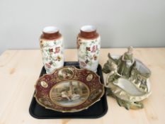 A pair of late Victorian hand-painted opaque glass vases, planter in the style of Royal Dux,