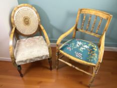 An Art Deco walnut and caned armchair and a further armchair