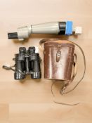 A pair of Ross 10 x 50 binoculars with case together with Bushnell spotting scope with three lenses