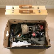 Two fishing fly tying kits, Tilley lamp, rucksack,