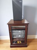 An audio cabinet containing Akai turntable, amplifier, tuner and cassette deck, Philips CD player,