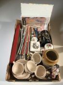 A part tea set, other ceramics, knitting patterns and needles,
