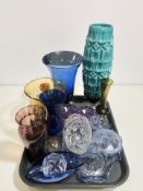 A group of decorative coloured glass vases, pair of amethyst candle holders,