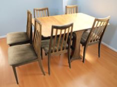 A G-Plan teak drop leaf extending dining table, and set of six chairs,