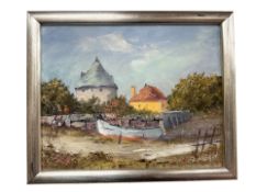 F Niesen : Moored sailing boat with building beyond, oil on canvas,