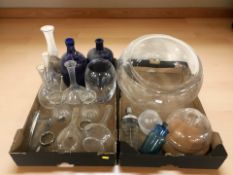 Glass wares including a large bowl, Cocktail shaker, glass bottles,