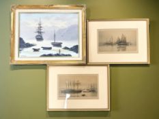 B J Phillips : Three masted ship moored in calm waters, oil on canvas,