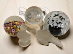 A Liskeard paperweight, Czech frosted glass polar bear and goose,