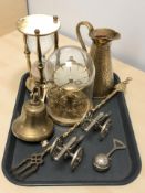 A Kundo brass clock under dome together with hour glass, small ships bell,