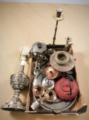 A group of metal wares, cast iron teapot, candlesticks,