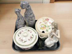 A group of ceramics to include cat ornaments, Port Meirion dish and cover,