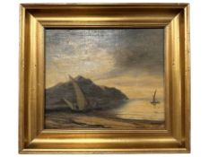 Continental School : Sailing boat moored on a beach, oil on canvas,