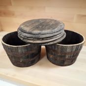 A pair of coopered oak barrel planters, diameter 66 cm,
