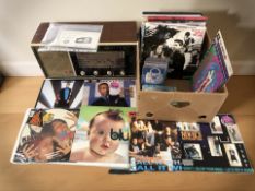 A PYE valve radio, box of vinly records including the Beatles and other titles,