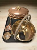 A copper hot water bottle together with trivet, jam pan,