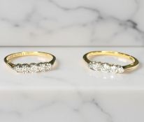 Two antique 18ct gold five stone diamond rings, sizes J and M.