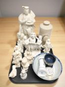 A group of resin and composition busts, stoneware hot water bottle,