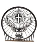 A painted metal panel depicting a stag,
