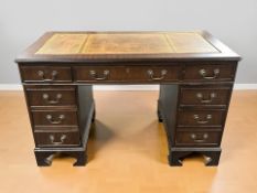 A reproduction mahogany twin pedestal nine drawer writing desk,