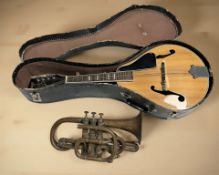 A Stagg mandolin in case and a cornet