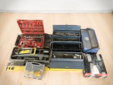 Two concertina tool boxes and contents, hand blaster gun, spirit level,