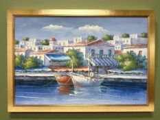 Nicolaoy : Boats moored in a harbour, oil on board,