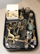A group of brass ornaments, door knockers, antique keys, decanter labels,