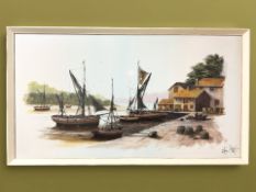 Kevin Platt (British 1945-) Boats moored in a harbour, oil on canvas,