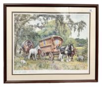 After D M Alderson : The Travellers, colour print, signed in pencil,