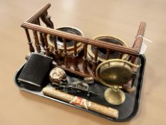 A book trough, pair of Chinese hardwood vase stands, brass gong, large souvenir cigar,