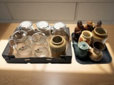 Five glass Carlsberg jugs together with stoneware bottles and other ceramics (1 box and tray)