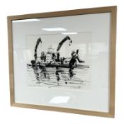 After J Hamilton, Study of a boat, monochrome print, signed in pencil, 22cm by 27cm.