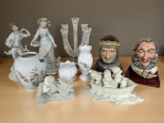 A Villeroy & Boch candle holder, two Royal Doulton bookends, Henry V and Falstaff,