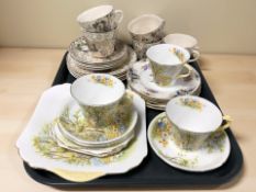 Three Shelley cup and saucer trios and matching plate, further set of six Shelley floral saucers,