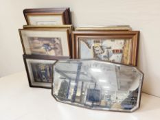 An Art Deco mirror together with a group of pictures and prints, oil painting of coastal town,