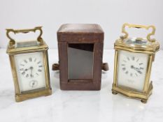 A French brass carriage timepiece retailed by Stewart & Co, London, height 15.