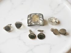 Three pairs of silver cuff links and two South American brooches stamped 925 18K.