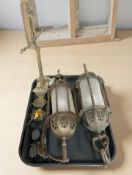 A pair of metal and frosted glass wall lanterns,