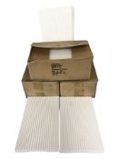 A quantity of white melamine retail display stands, each 26 cm wide.