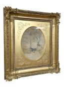 19th Century School : Portrait of a lady seated by flowers, watercolour, 17 cm x 21 cm, framed.