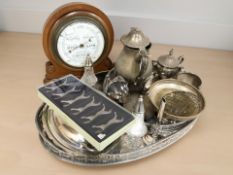 A group of EPNS wares including gallery trays, lidded entree dish, sifters, tea service,