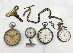 A lady's silver fob watch and silver Albert chain with T-bar,
