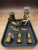 An Eccles Type 6RS miner's safety lamp, together with a Miller brass carbide lamp,