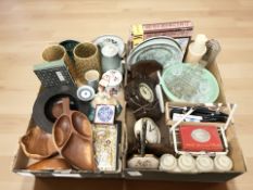 Assorted items including an Art Deco bakelite mantel clock, treen bowls, ceramics,